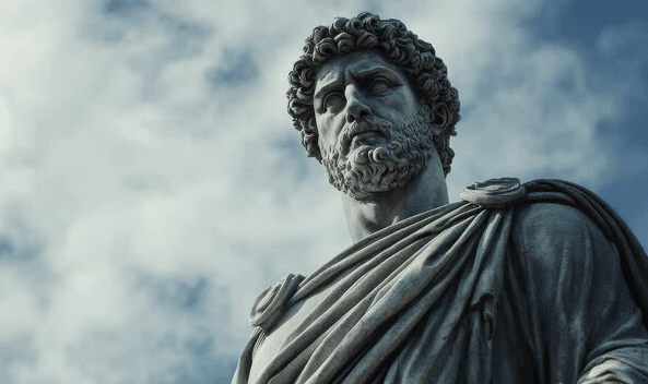 Bronze statue of a Roman emperor, evocative of Marcus Aurelius, against a cloudy sky