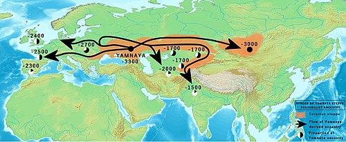 A map of Yamnaya-related migrations from the Pontic-Caspian steppe, based on Narasimhan et al. 2019